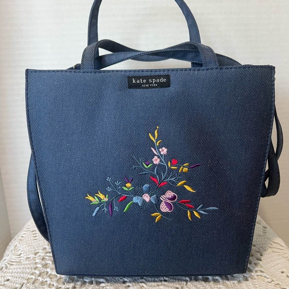 Kate Spade New York Blue Tote with Floral Embroidery